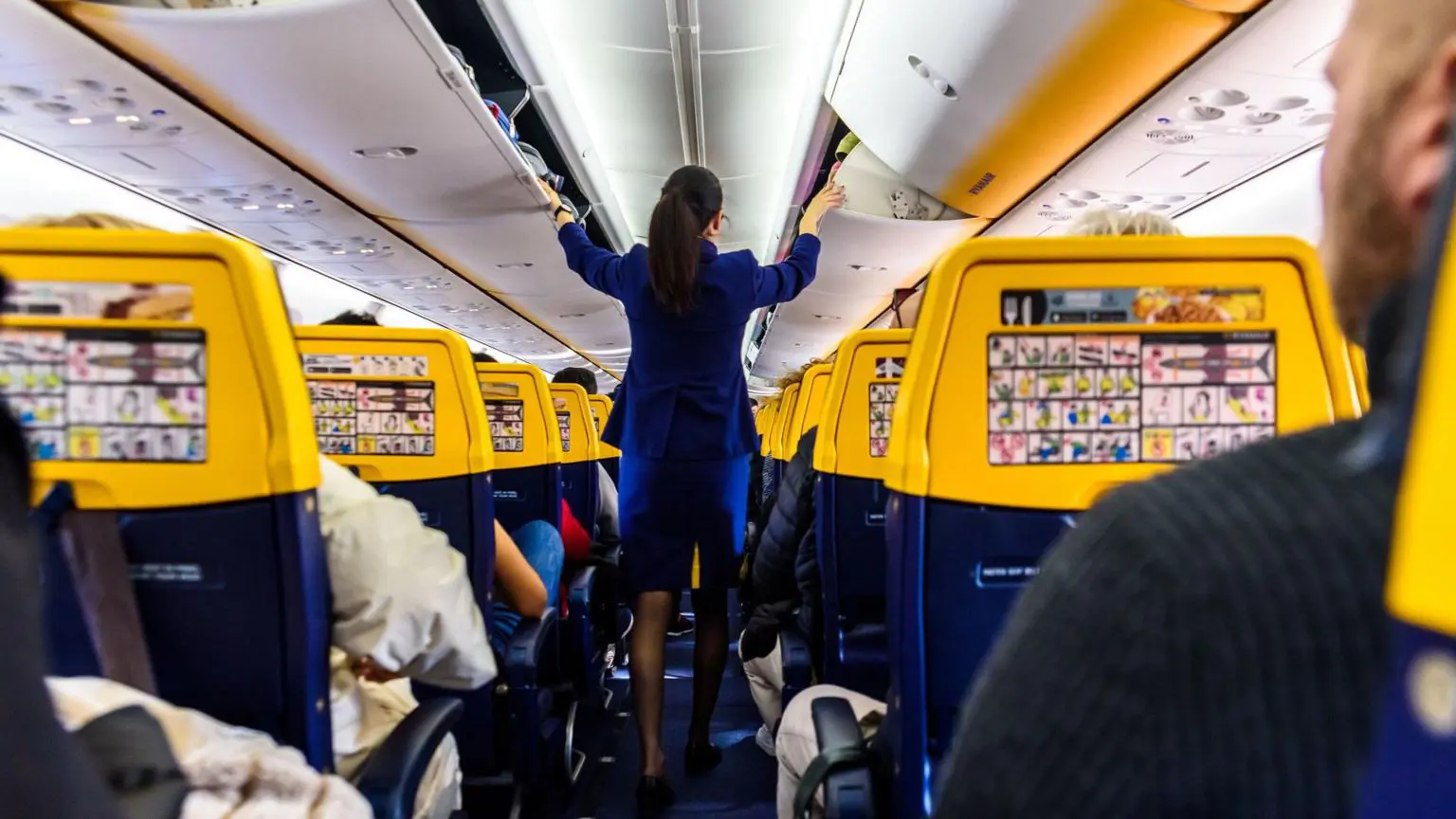 Бортпровідник Ryanair у синій уніформі авіакомпанії в літаку