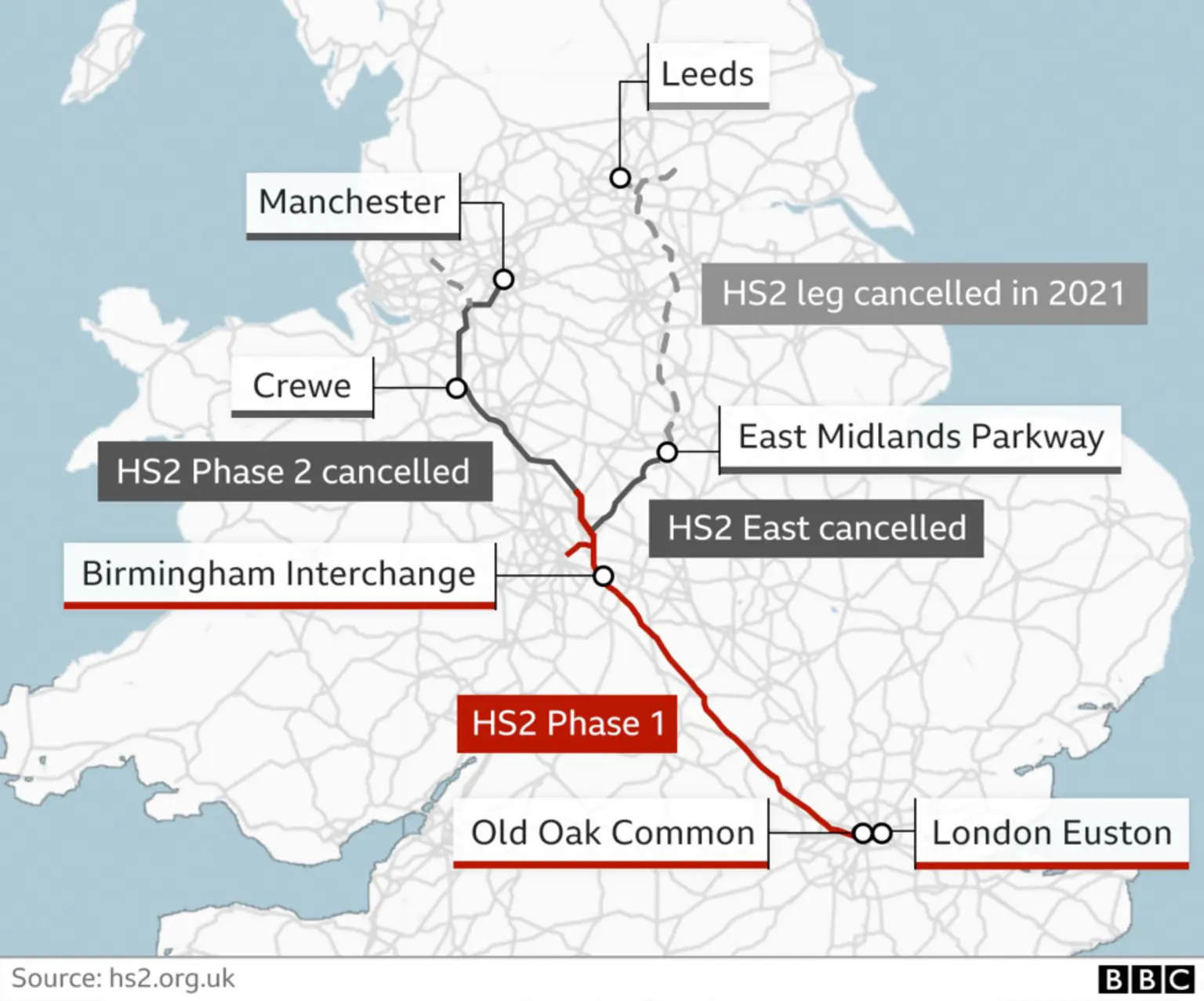 Графіка, що показує залізничну лінію HS2 і скасовані ділянки
