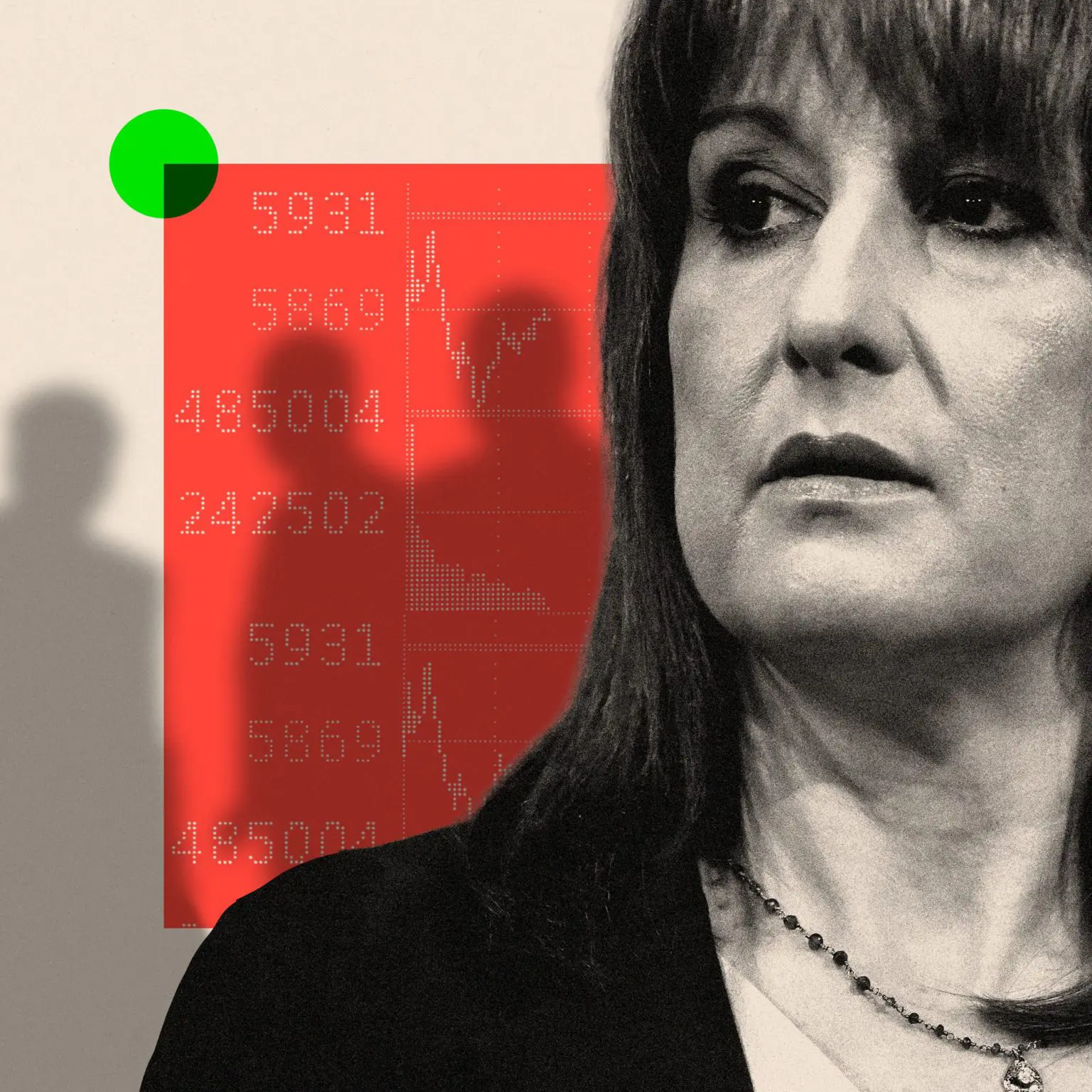 Оброблене зображення, на якому зображена Рейчел Рівз з тіньовими фігурами позаду неї