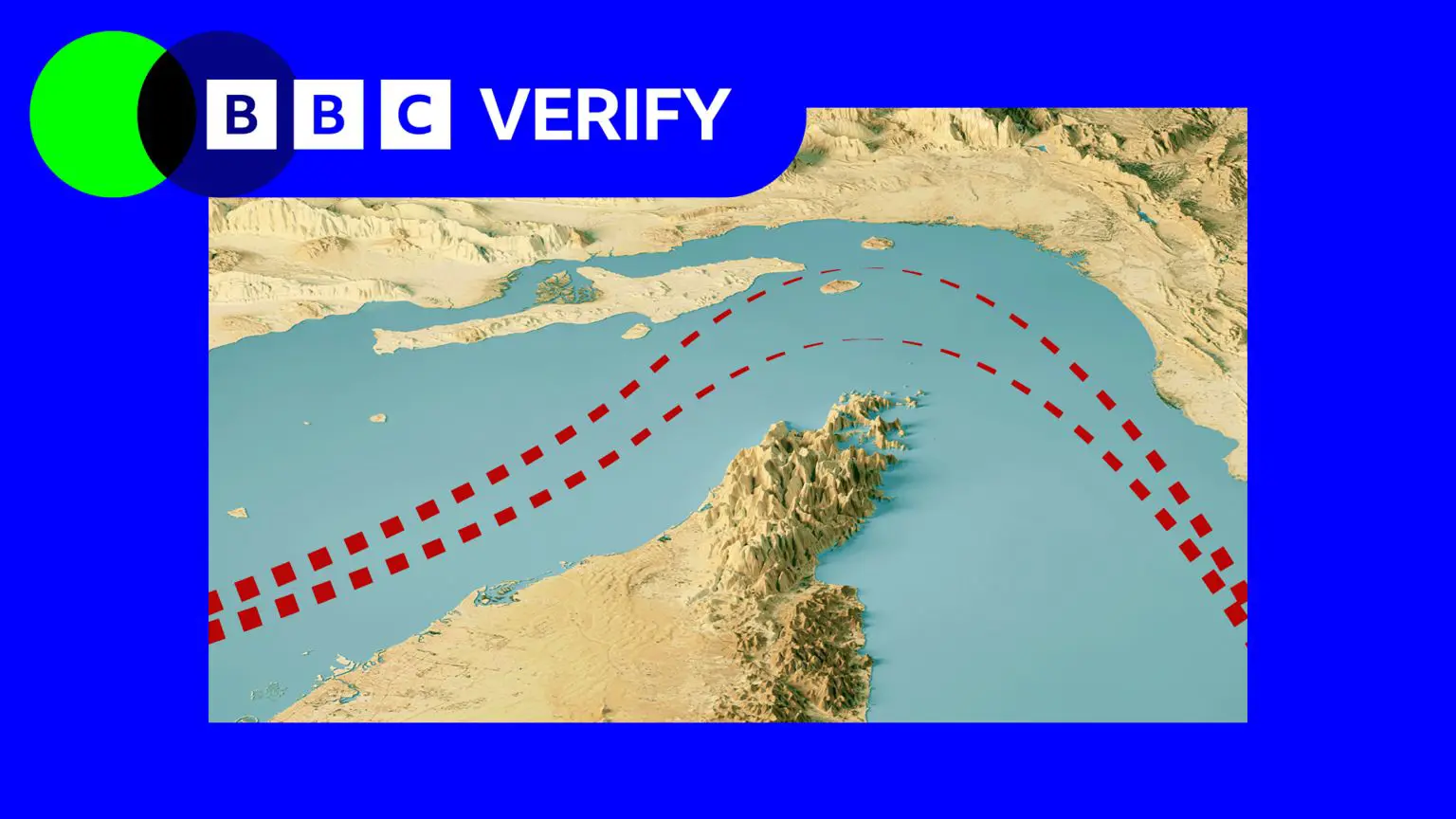 Супутникове зображення Ормузької протоки з двома червоними лініями, що показують судноплавні шляхи.