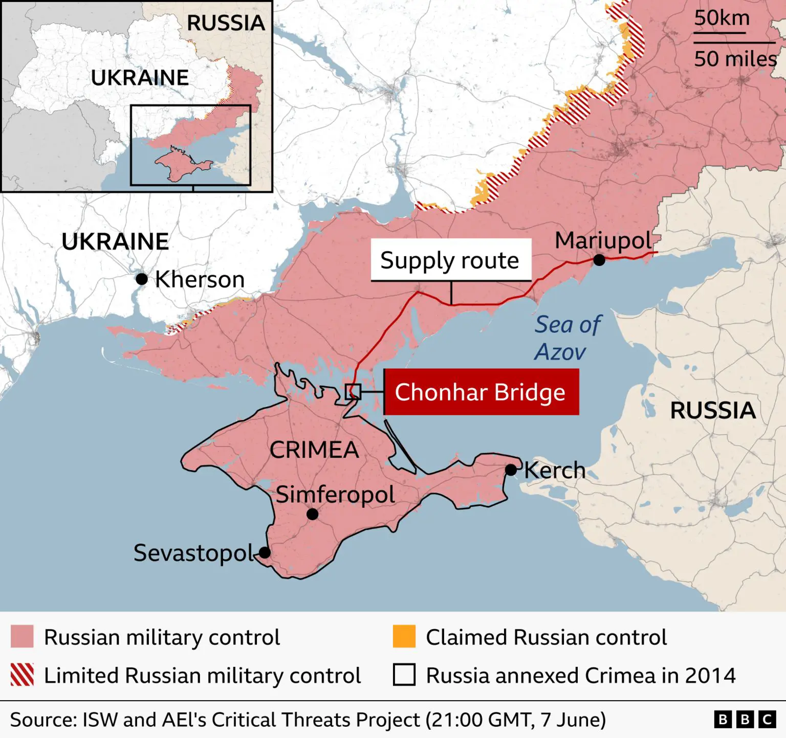 Мапа, що показує російський військовий контроль над Україною.