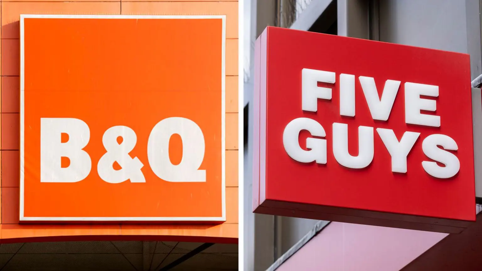 Складене зображення вивіски B&Q ліворуч та вивіски Five Guys праворуч.
