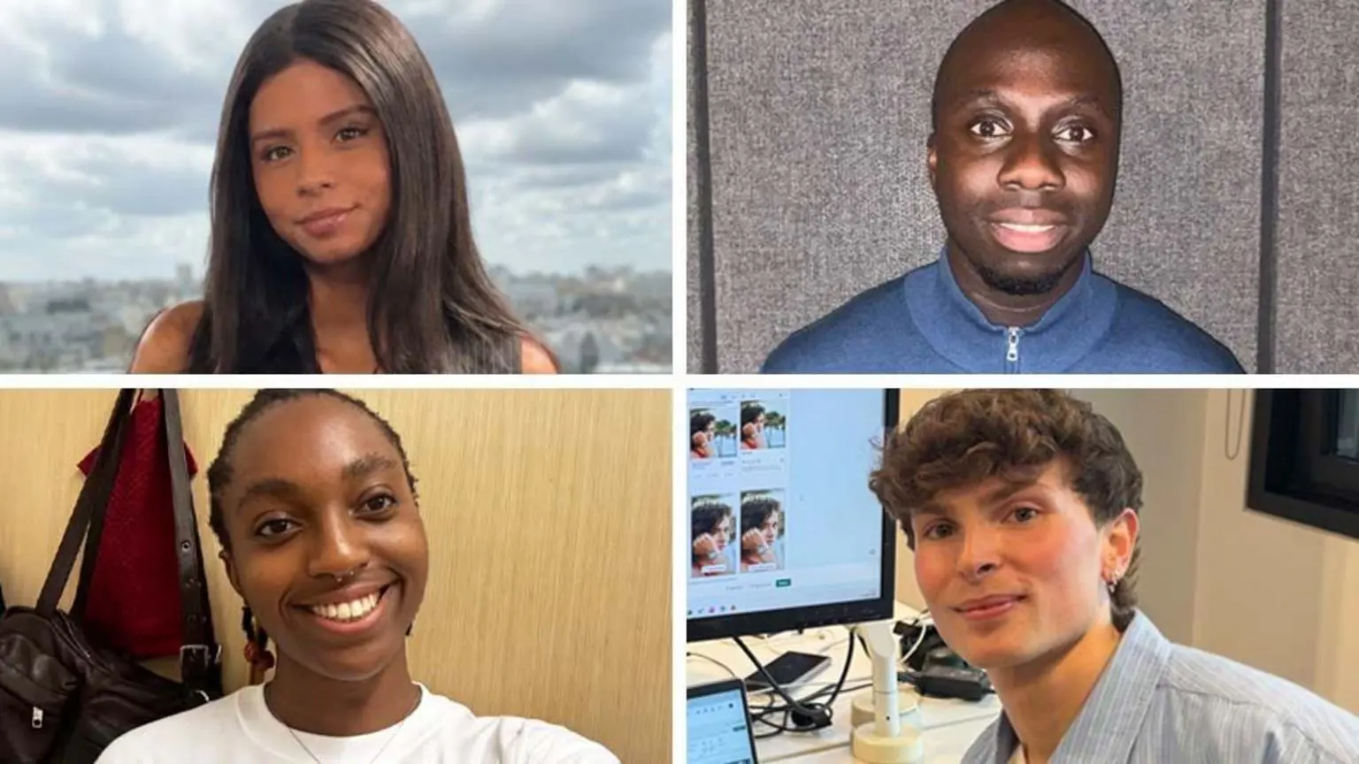 A four-way split pic using headshots of case studies Sarisha Ganesan, Oliver Walker, Chinaza Eke and Elijah Amoako