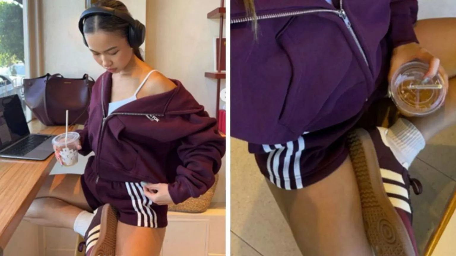 На двох зображеннях зображена жінка в кросівках Adidas з трьома смужками та шортах White Fox з чотирма смужками.
