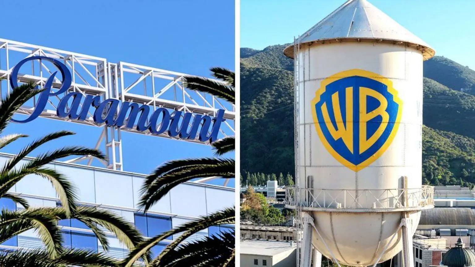 Збірне зображення логотипів Paramount та Warner Bros. на будівлях компаній