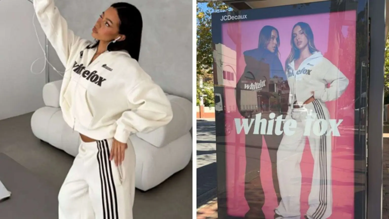 На двох фотографіях зображена жінка у білому спортивному костюмі White Fox, яка робить селфі, та рекламний білборд бренду White Fox на автобусній зупинці.